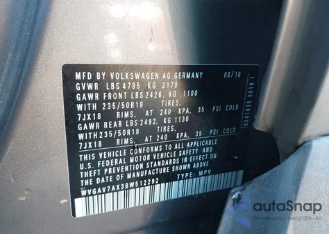 2011 Volkswagen Tiguan Se из США, поврежденный, VIN WVGAV7AX3BW512292